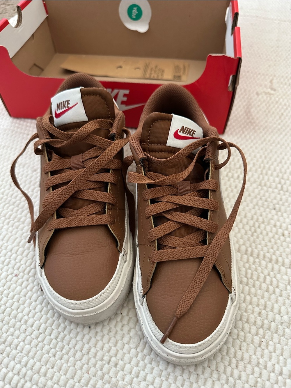 Nike Brown and White Low-Top Sneakers with Red Logo